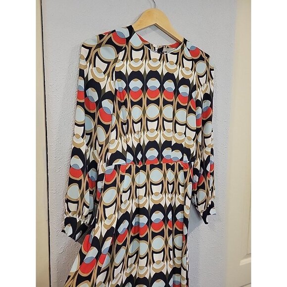 Women's H & M Dress Navy White Brown Pattern Long-Sleeve Knee-Length Pleated - Picture 3 of 7